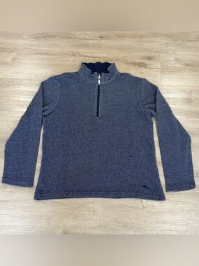 Tommy Bahama Sweater Mens Large Blue Textured Knit 1/4 Quarter Zip Pullover